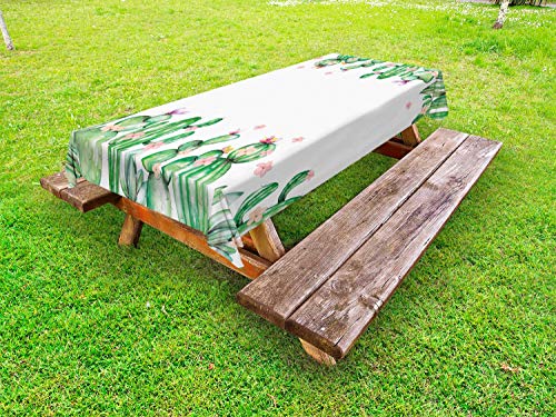 ABAKUHAUS Cactus Nappe Extérieure, Fleurs romantiques tendres, Nappe de Table de Pique-Nique Lavable et Décorative, 145 cm x 305 cm, Vert Corail Lavande