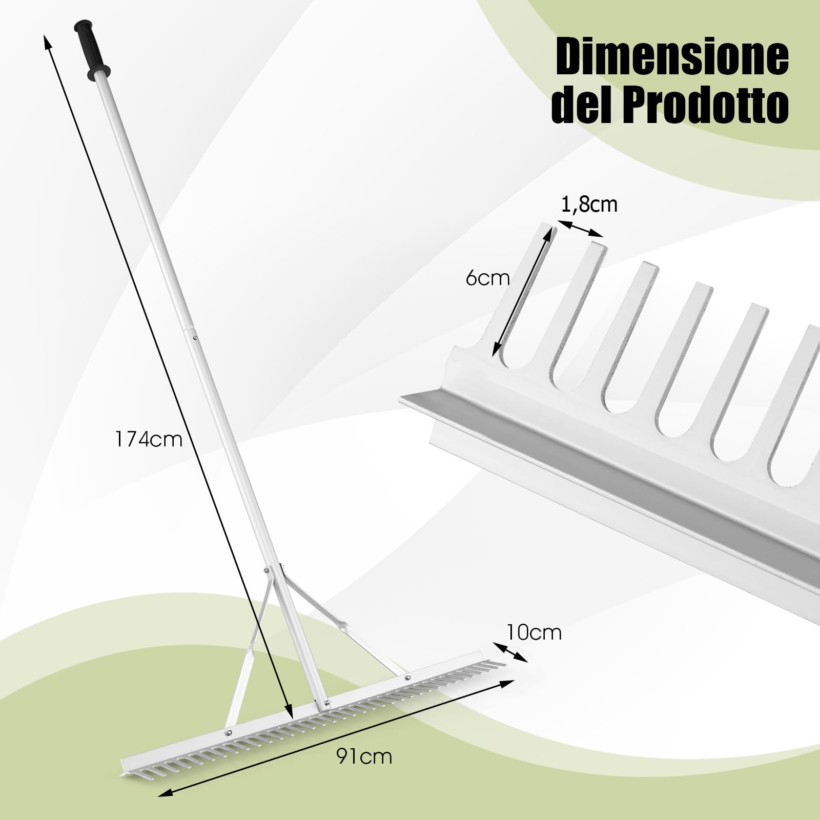 GYMAX Rastrello da Giardino, Scopa in Alluminio con 36 Denti, Testa da 91 cm e Manico da 174 cm, Strumento a Doppia Faccia per Allentare e Livellare il Terreno, Adatto a Prato, Cortil, Argento