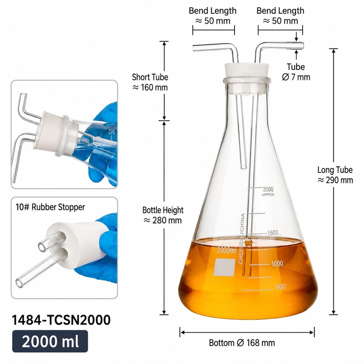 Konischer Graduierter Kolben Waschflasche aus Borosilikatglas Chemie-2000ml
