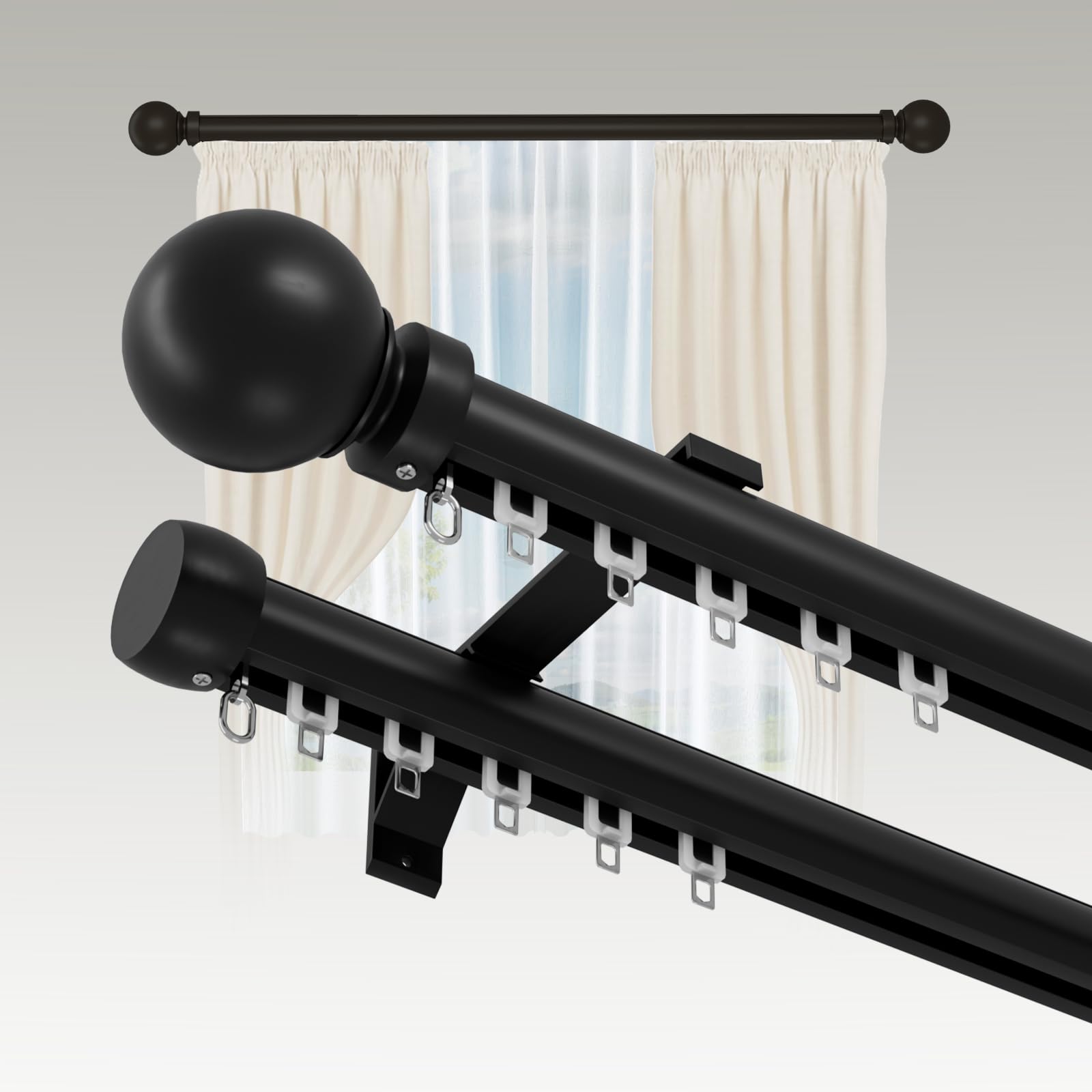 Tringle à Rideaux Double avec Supports, Aluminium Tringle à Rideaux Silencieuse Coulissante à Rails à Double Rangée, Rail de Rideau Double pour Chambre Coucher Salon Hôpital (Noir, 2.2m)