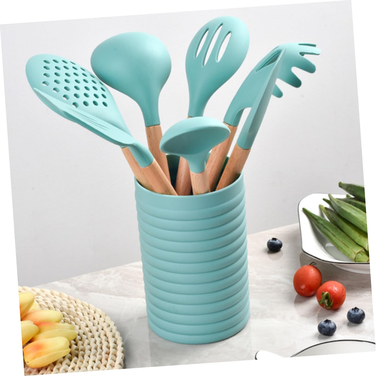VALICLUD Ustensiles de Cuisine avec Boîte de Rangement Incluse Poignées Bois Confortables et Antiadhésifs