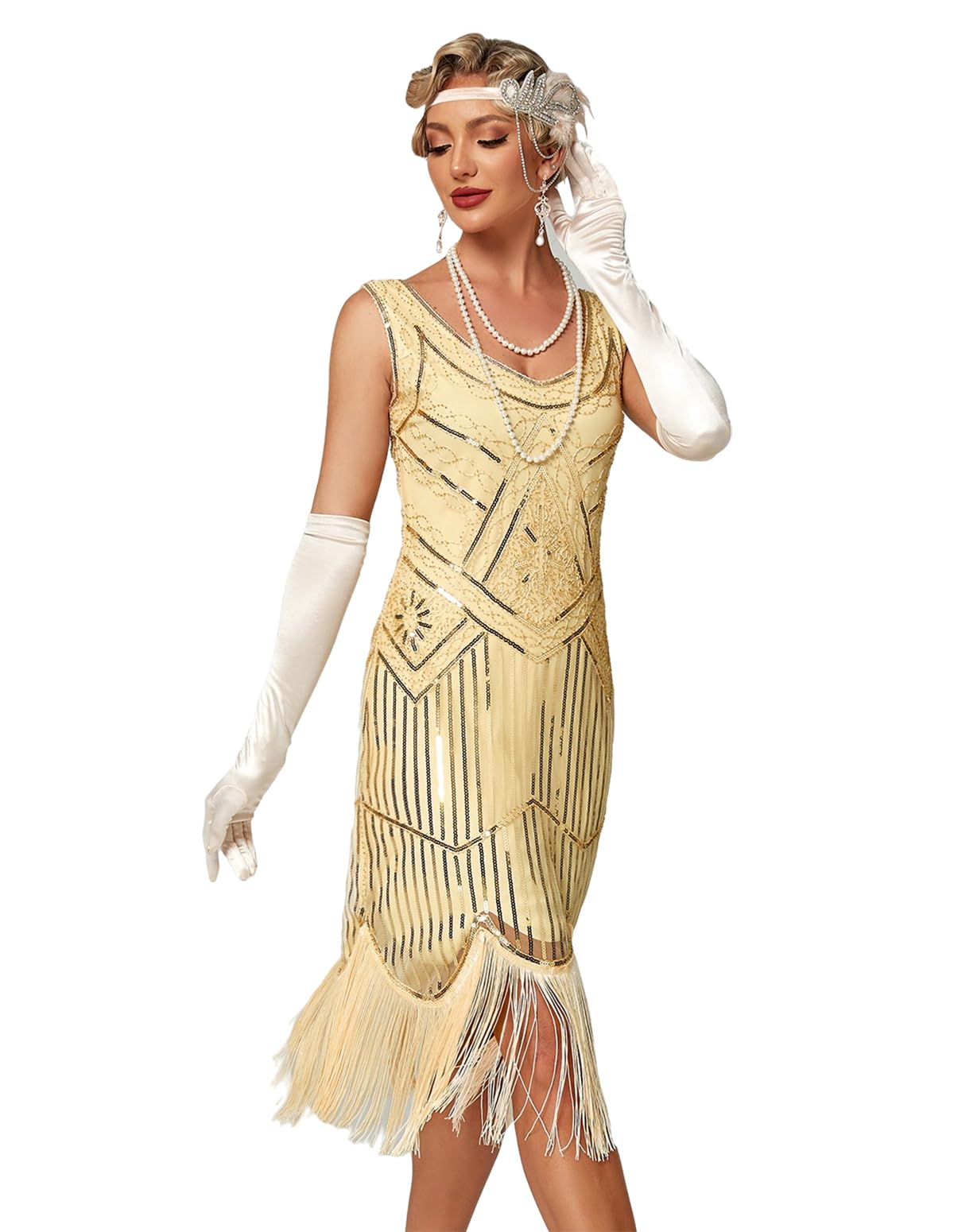 Viloree Mujeres 1920s Vestido con Lentejuelas Embellecido Borlas Dobladillo Vestido de Coctail Flapper