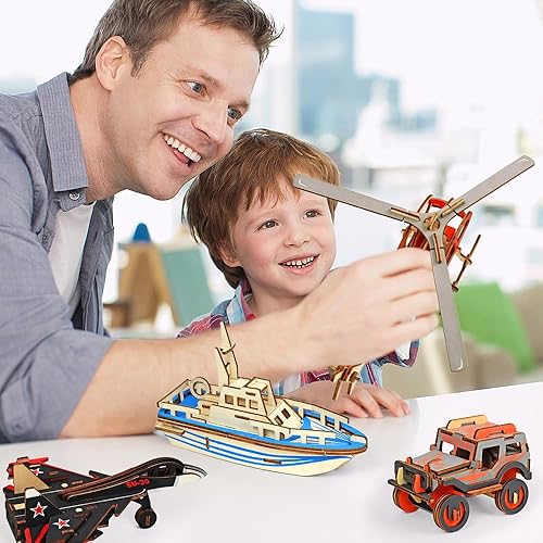 Miniatura 7 de Vileafy Rompecabezas de madera 3D para niños de 8 a 10 años, recuerdos de fiesta de avión, helicóptero, luchador, bote salvavidas, Jeep, envueltos