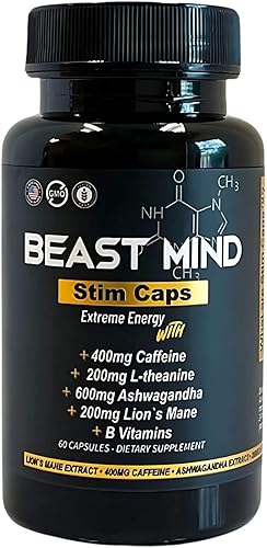 Píldoras de energía extrema  400 mg de cafeína  600 mg de Ashwagandha  200 mg de melena de león  Aumento de energía, enfoque y estado de ánimo por