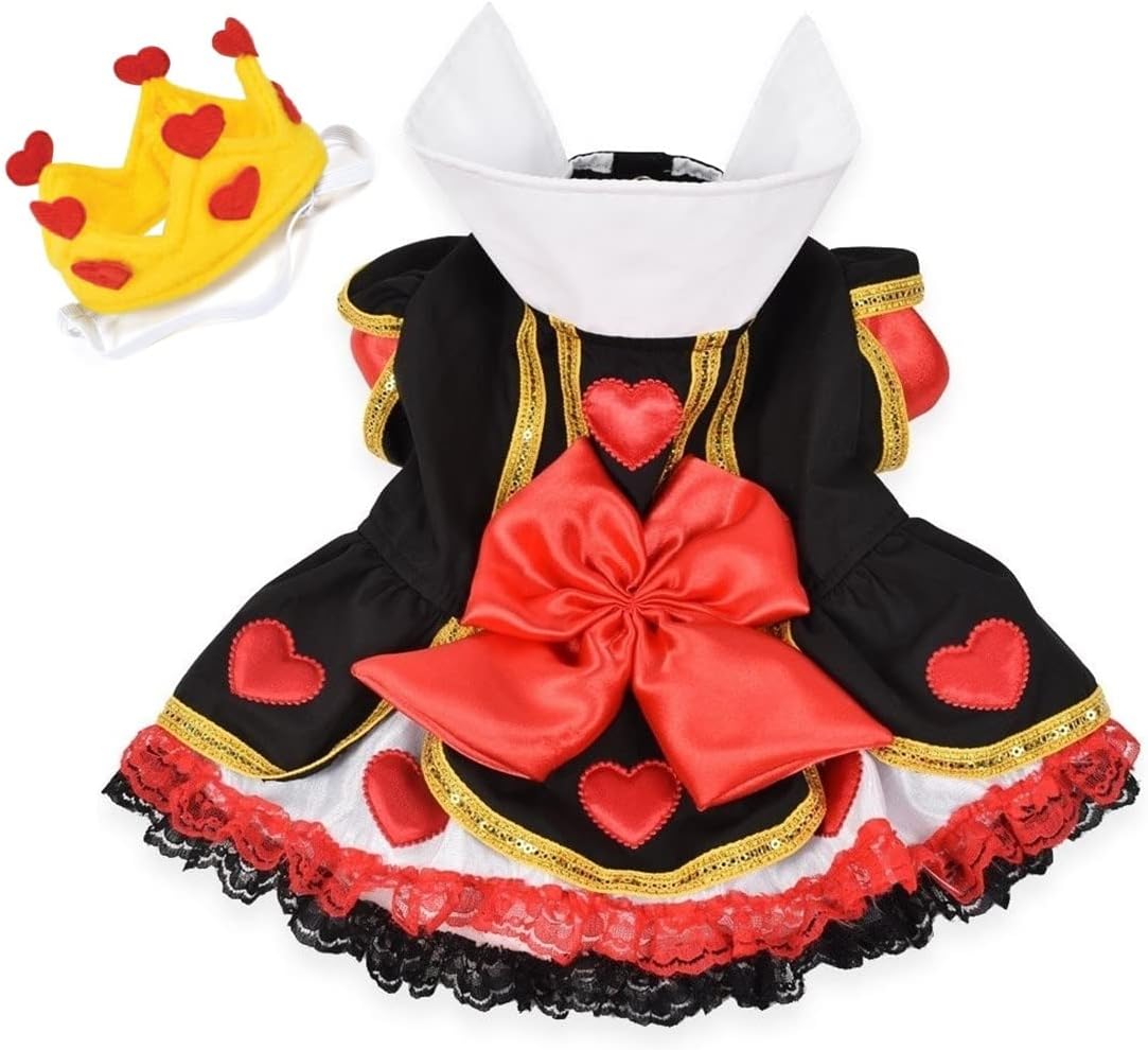 Queen of Hearts Costume Dress with Charm and Heart Crown Headpiece – for Dogs – Sizes XS Thru L (XS - Chest 10-12", Neck 6-7", Back 8", Red/Black)