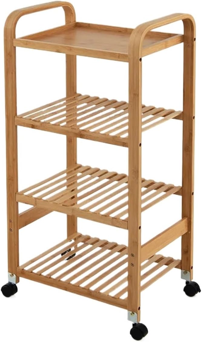 Storage Trolley 4-Tier Bamboo Mobile Kitchen Serving Trolley Cart with Storage Shelf and Lockable Casters Rack Furniture Shelving Organizer