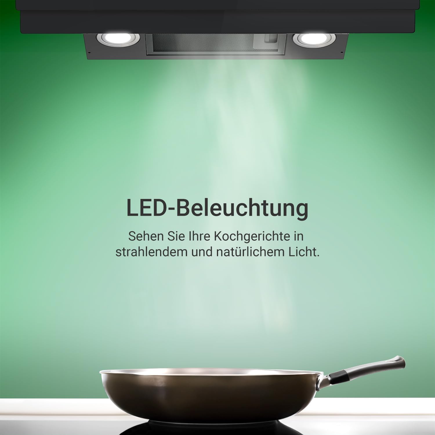 Bright LED lighting illuminating a cooking surface with a pan, demonstrating the cooker hood's integrated light feature.
