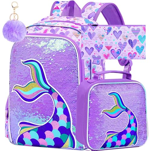 Image of CCJPX 16 inch Mermaid Backpack for Girls, 3Pcs Kids Sequin Bookbag with Lunch Box, Water Resistant Elementary School Bag for Kindergarten Preschool Toddler (Purple)