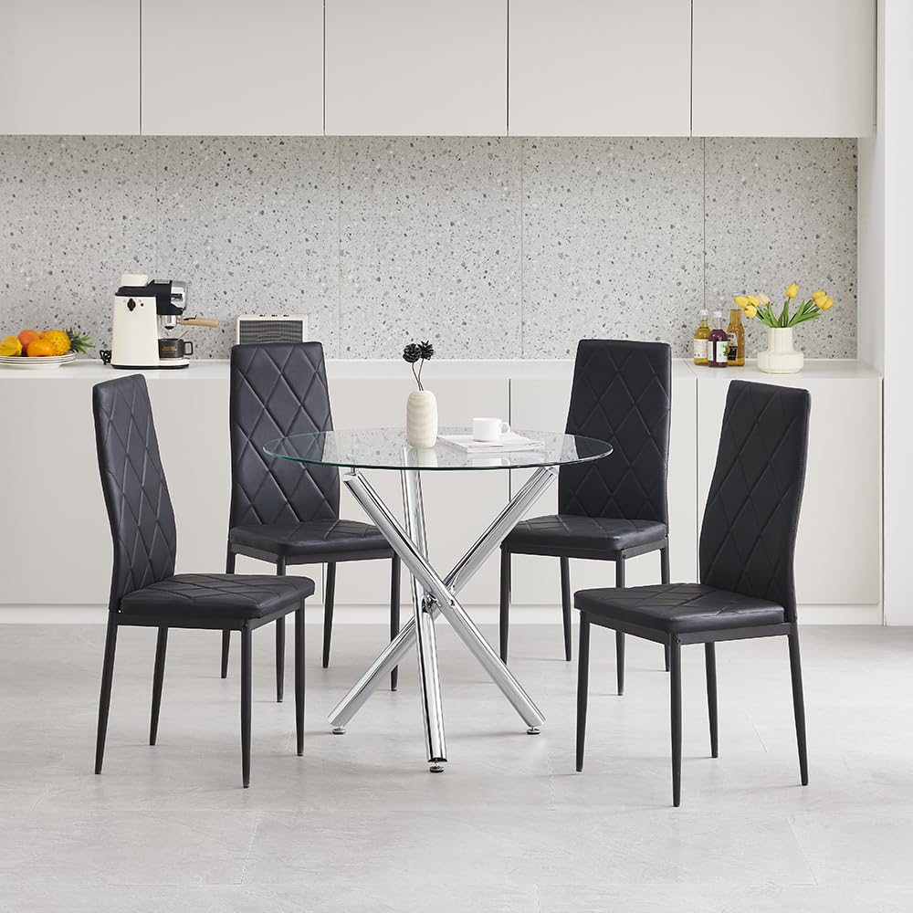 Pantanal 90cm Round Glass Dining Table and Leather Chairs Set of 4, Modern 5 Pieces Compact Kitchen Table with 4 Elegant Argyle Grid Chairs for Dinette Restaurant Small Space