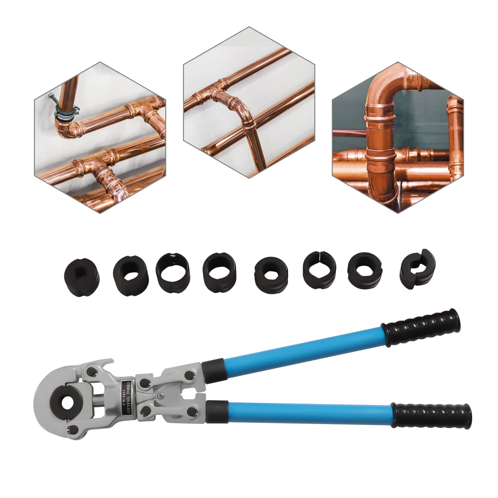 Set di pinze crimpatrici con testa girevole a 360° e manico retrattile (a forma di V 12-28 mm e a forma di TH 16-32 mm), per tubi in acciaio inossidabile, alluminio, PEX, PB, rame e alluminio.