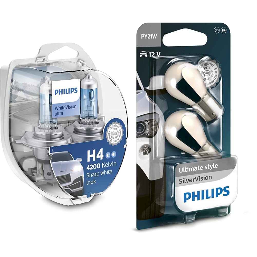 PHILIPSWhitevision Ultra Effetto Xenon H4 Lampada Fari, Bianco Intenso - 4.200K, Confezione Doppia & Automotive Lighting 12496Svb2 Py21W Silver Vision Lampadine Indicatori, Set Di 2 Pezzi, 12V