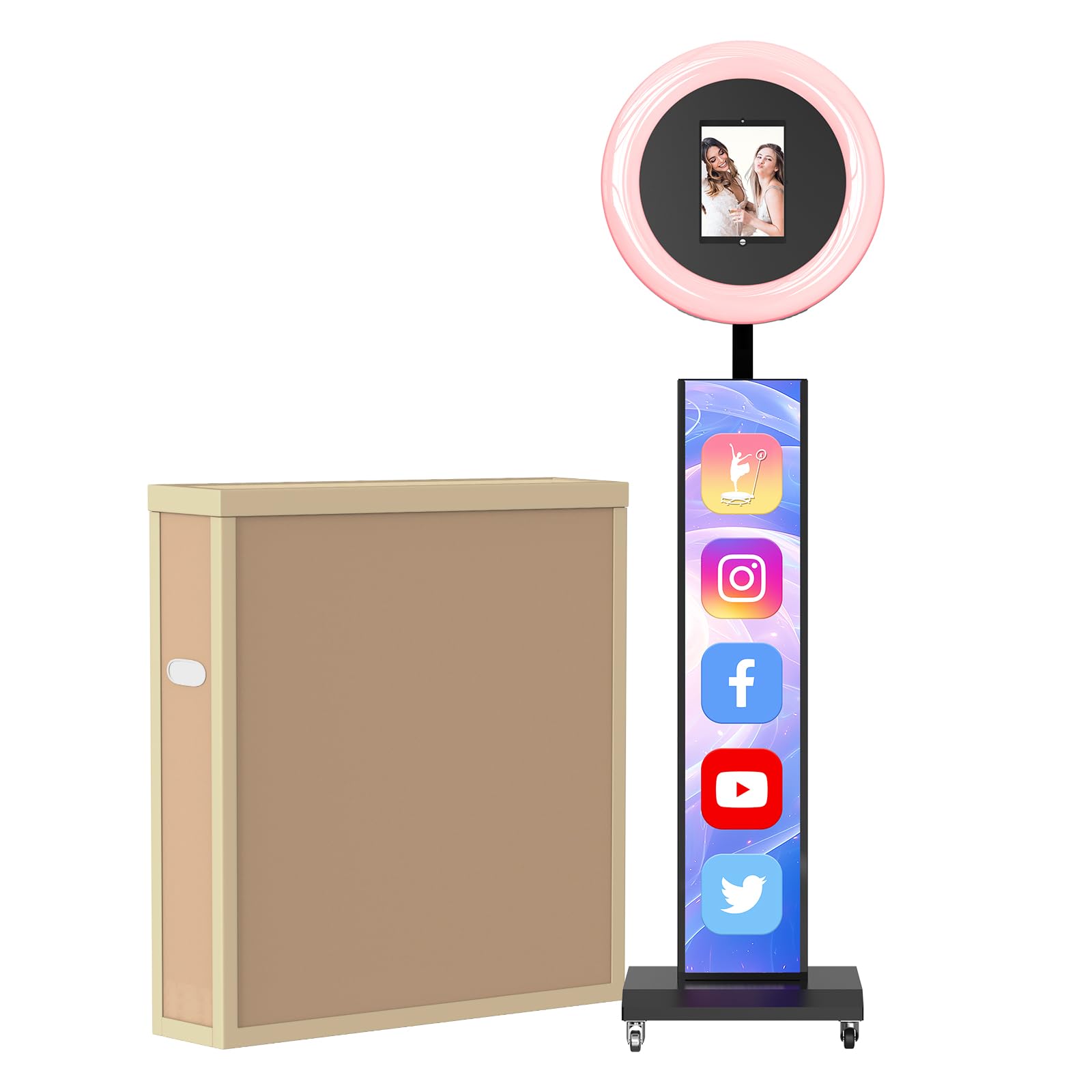 MWE Portable Photo Booth Machine Stand Compatible with Any Ipad with Software APP and Remote Control, RGB Ring Lights Music Sync, Free Custom Logo,ChackTok VIP (Black, Light Box-Honeycomb Case)