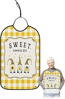 QueenKer Funny Adult Bibs for Eating, Sweet Gnomes Bee Yellow Plaid Waterproof Clothing Protector Washable Adult Bib with Crumb Catcher for Men Women Elderl and Seniors