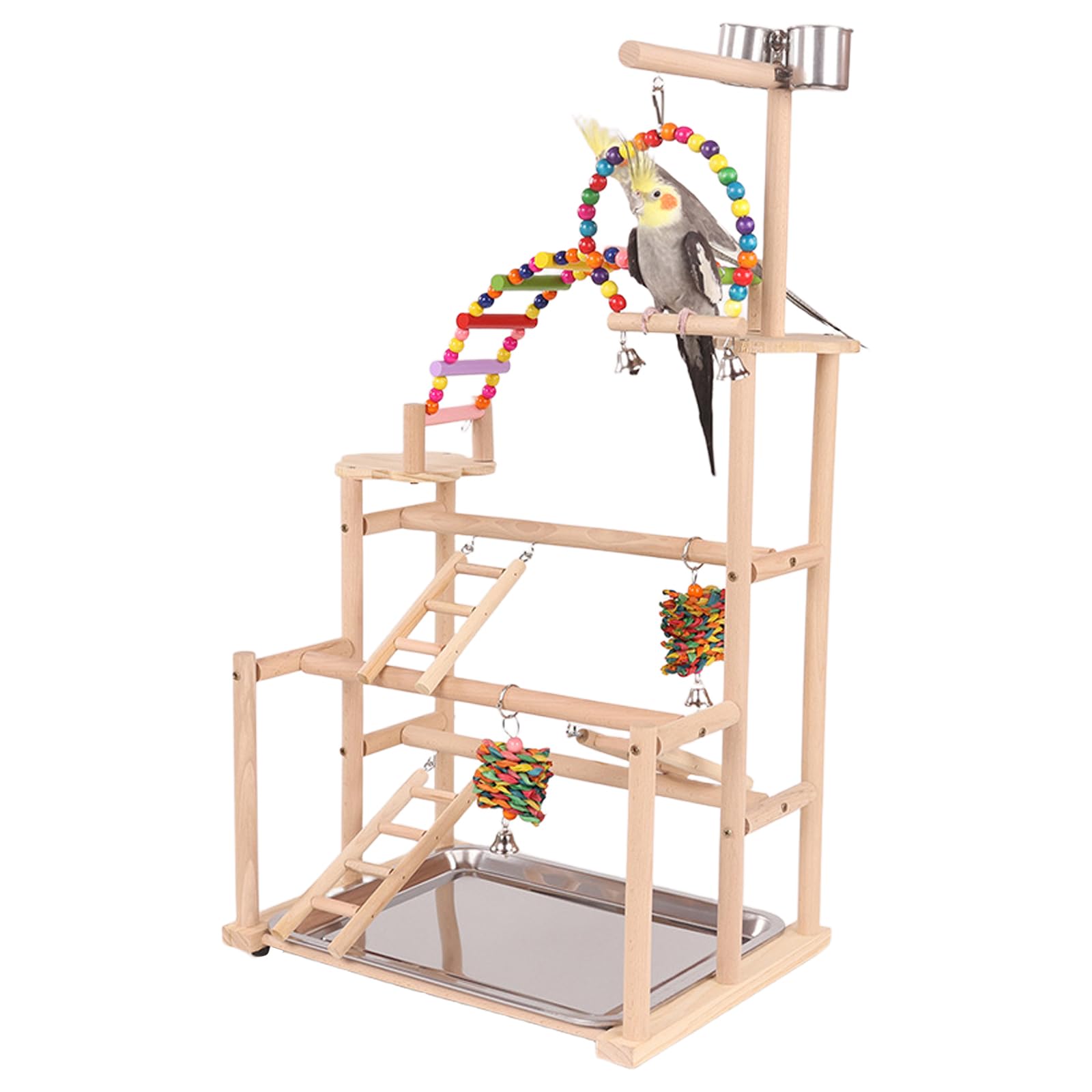 Juguetes para Loros y Periquitos, Percha para PáJaros, Accesorios para Jaula con Bandeja, 2 Comederos, 4 Escaleras y Columpios, Amplia Zona de Juegos para Periquitos, CacatúAs y Cotorras