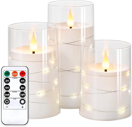 NURADA Velas parpadeantes sin llama luces de cadena de estrella incorporadas, velas LED de mecha 3D acrílicas que funcionan con pilas, con control
