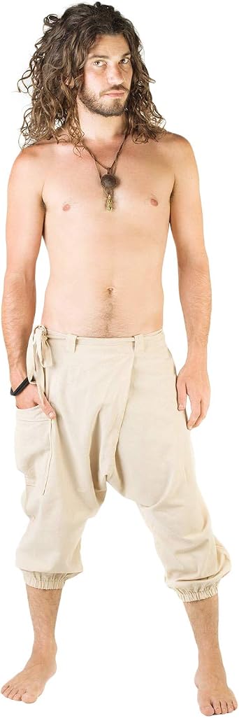 AJJAYA Mens Pants Afghani Harem Drop Crotch Three Quarters Cream Beige Handmade