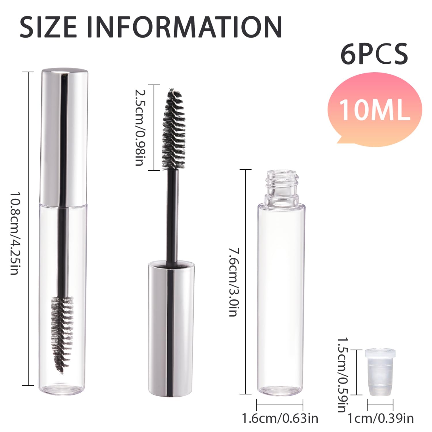 CAIYA Pack of 6 10 ml Empty Mascara Tube, Eyelash Cream Container Bottle, Refillable Clear Empty Bottle Tube Container - Image 3