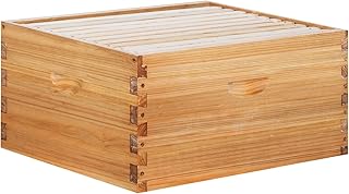 POLLIBEE 10 Frame Beehive Box, Langstoth Deep Brood Box Sections of Wood for Beehives, Bee Box Dipped in Heavy Beeswax Includes Wooden Beehive Frames & Waxed Foundations (Unassembled)