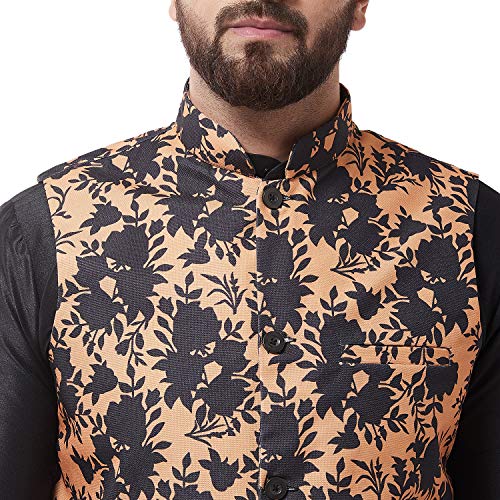 Image of SOJANYA (Since 1958 Men's Silk Blend Black Kurta Pyjama & Printed Nehrujacket Combo