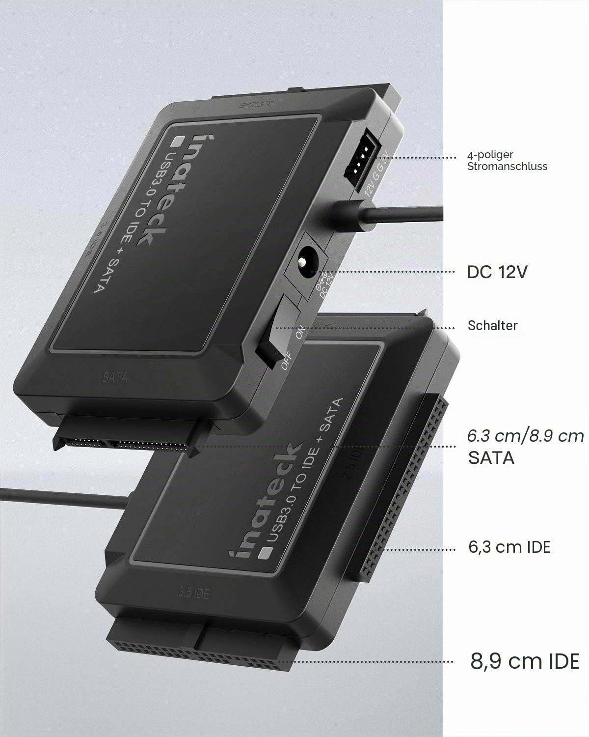 Inateck IDE SATA to USB 3.0 Adapter für 2.5/3.5 Zoll HDD/SSD Festplatten, mit 12V/2A Stromversorgung, SA03001