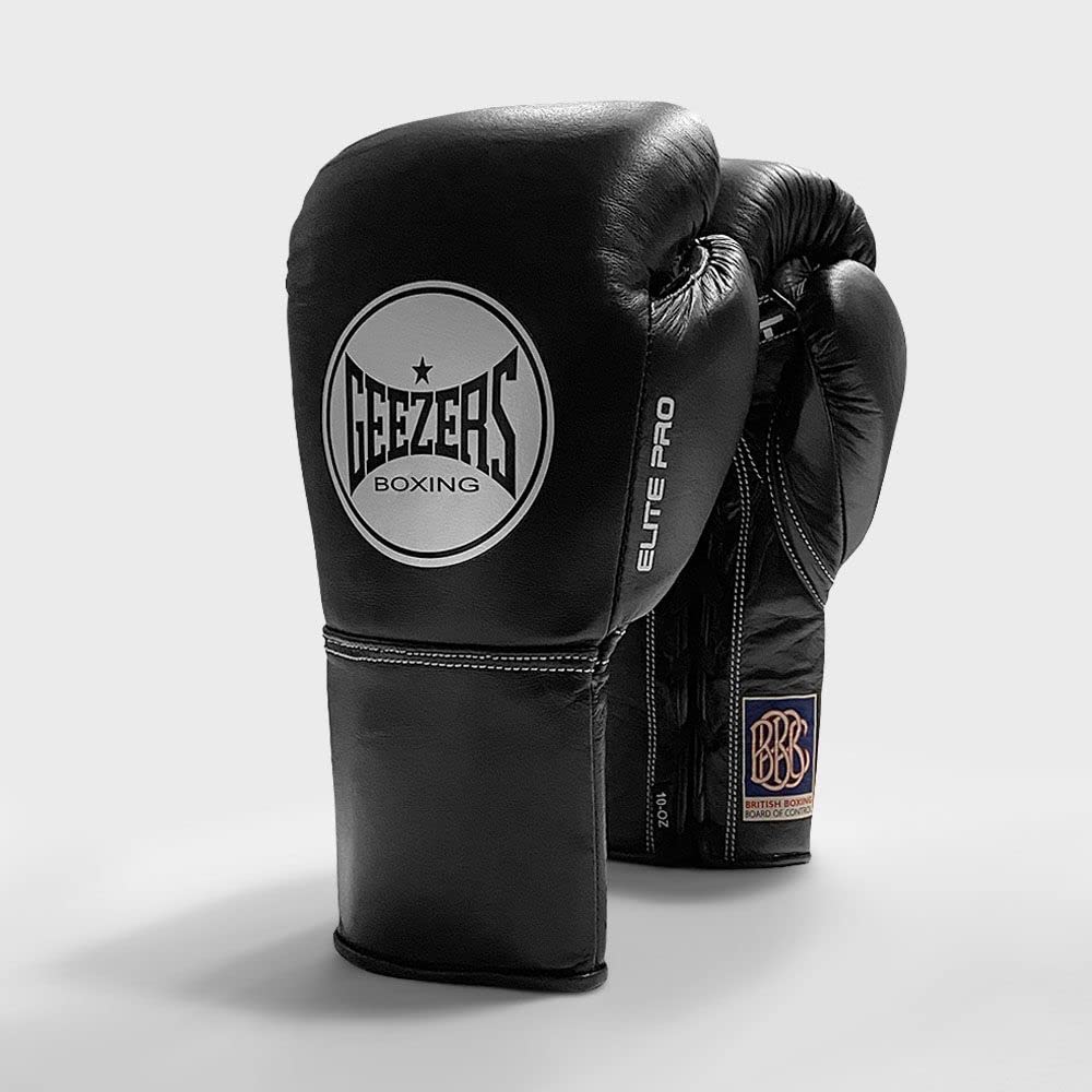 Geezers Boxing Elite Pro Special Edition Mens, Womens Fight Boxing gloves, Approved by the BBBofC for all professional fights. (Black, 10oz) — image 1
