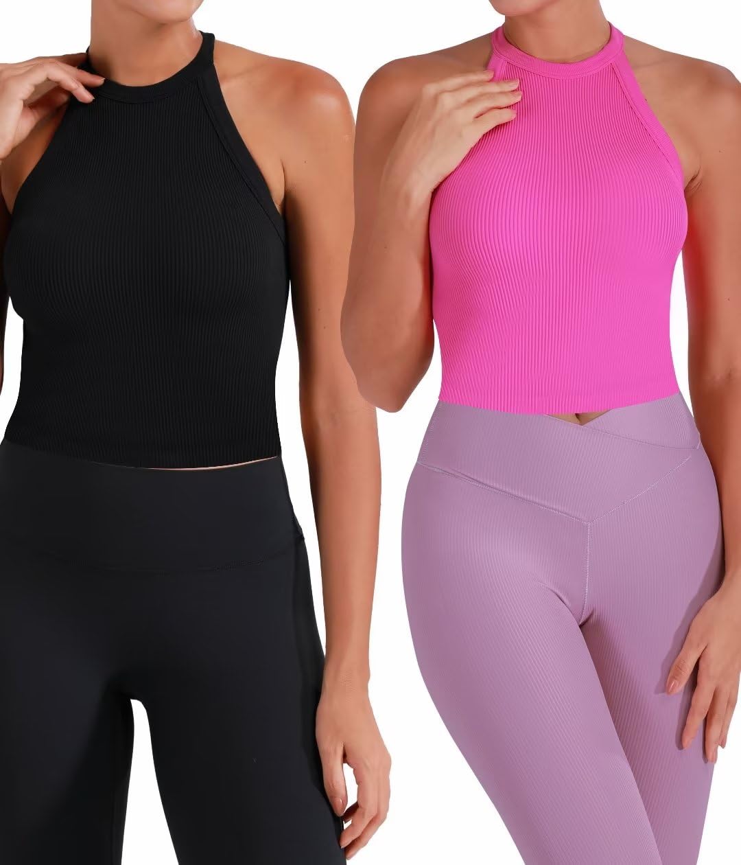 Sunzel Débardeur côtelé pour femme, haut court sans couture, dos nu, col haut, haut court basique sans manches, pour entraînement, yoga, athlétique, Noir + rose vif (longueur de la taille) - Lot de 2,