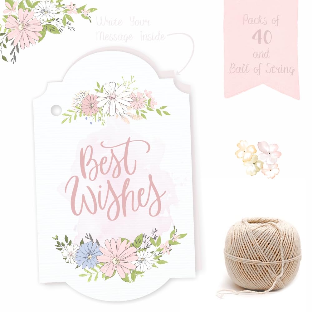 Best Wishes Fold Card Tags. 40 Pieces. Beautiful Watercolour Daisy Floral. With Jute String for attaching to Gifts and Cake Boxes.