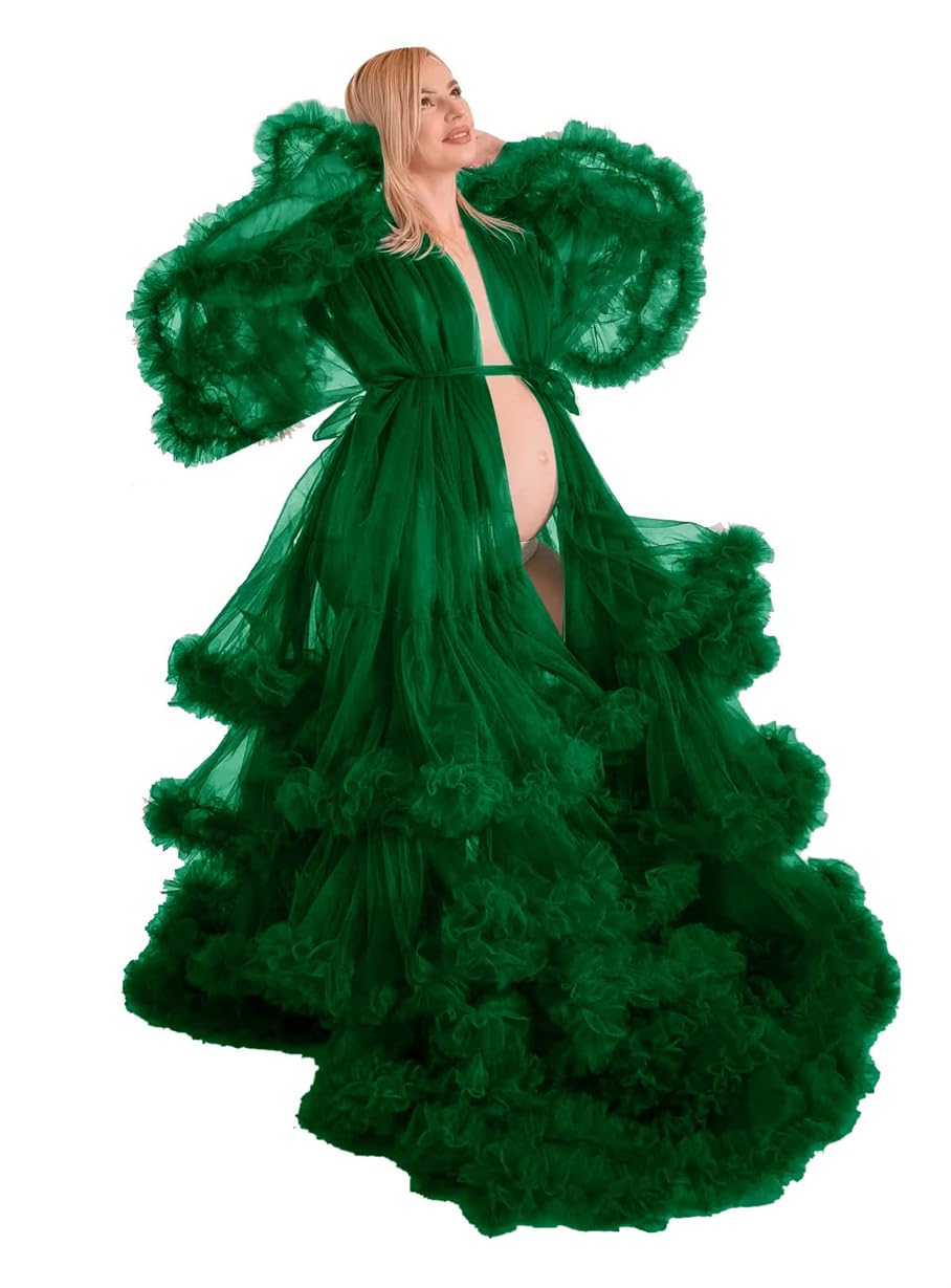Aherkll Women's Emerald Tulle Robe For Maternity Photoshoot Sheer Bridal Puffy Long Sleeve Baby Shower Pregnancy Gown Zm008 Uk12