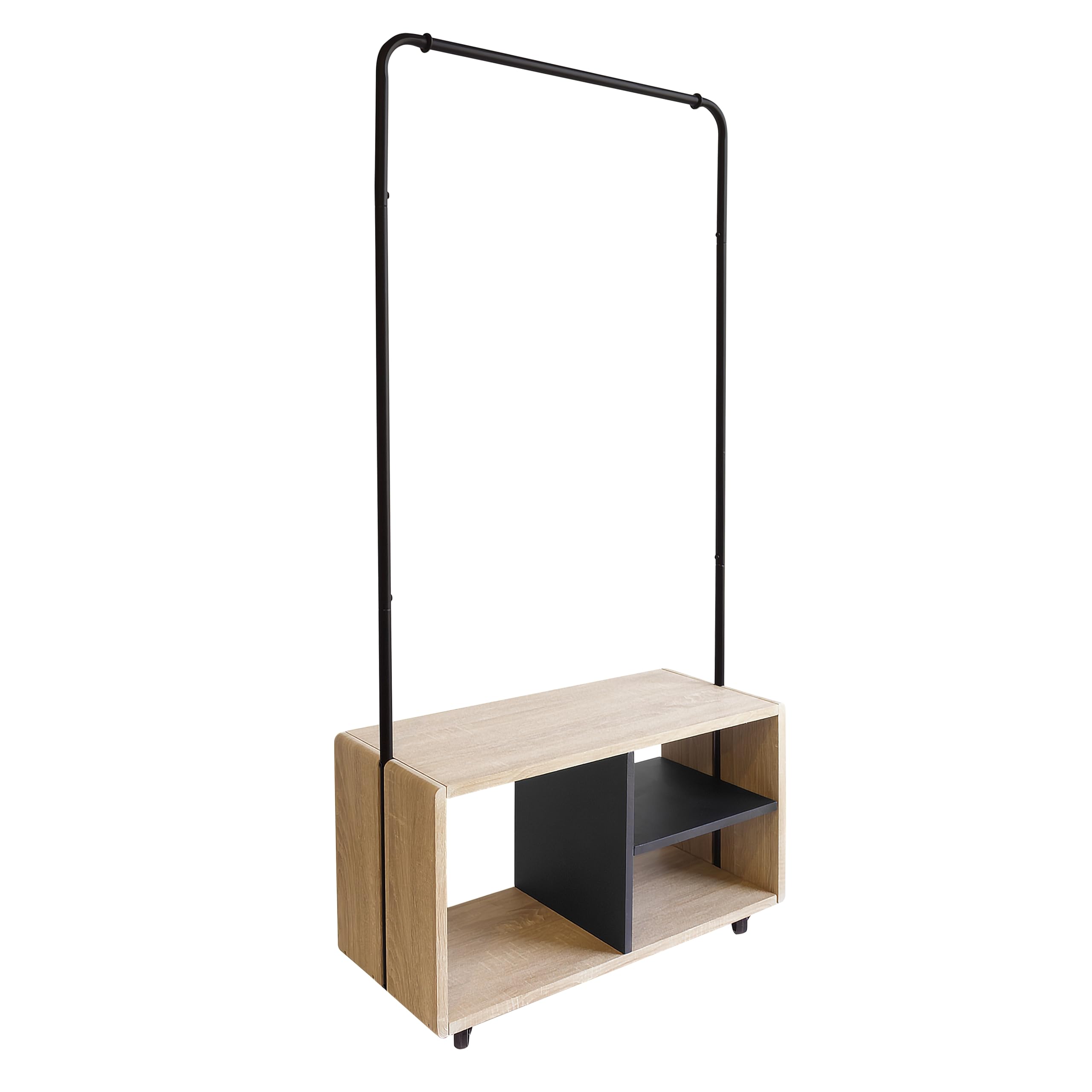 Box and beyond Casey - Perchero para ropa (72 x 31 x 153 cm), madera natural y metal negro, estantes, ruedas, perchero, abrigos, zapatos, entrada, lavadero, estilo moderno