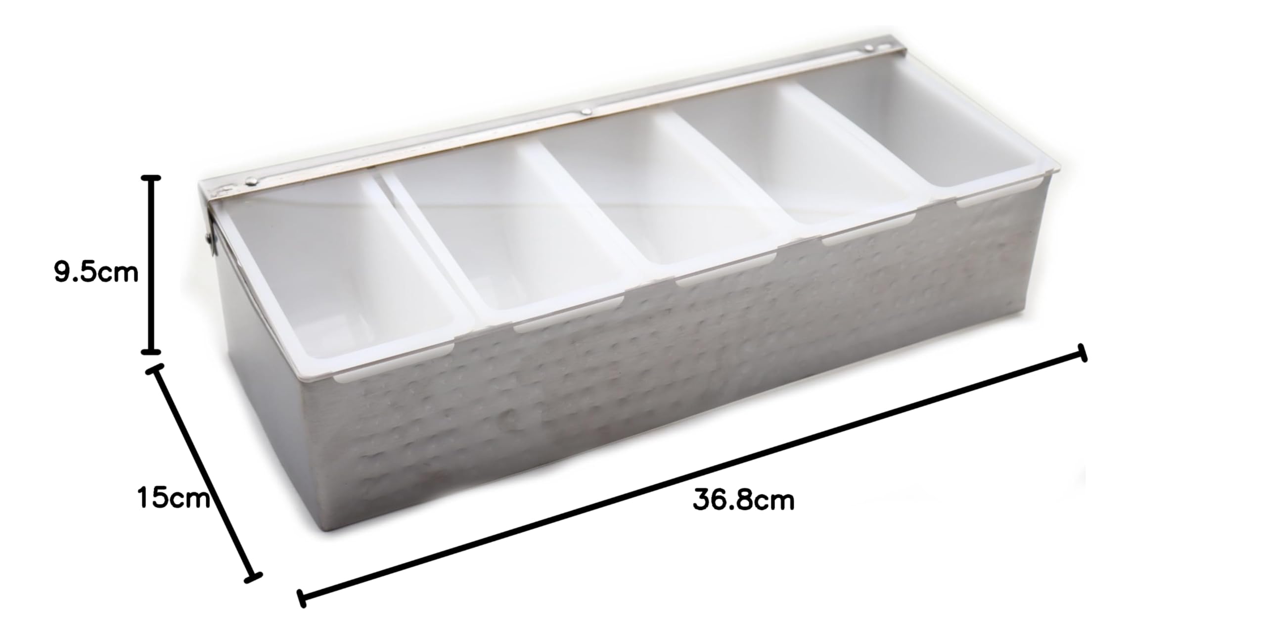 Porta Condimenti 5 Vaschette in Acciaio Inox Martellato, Dispensatore di Condimenti, Contenitore Portacondimenti con Coperchio Pizza Bar , Vassoio per Frutta Contorno e Condimento (5 scomparti)