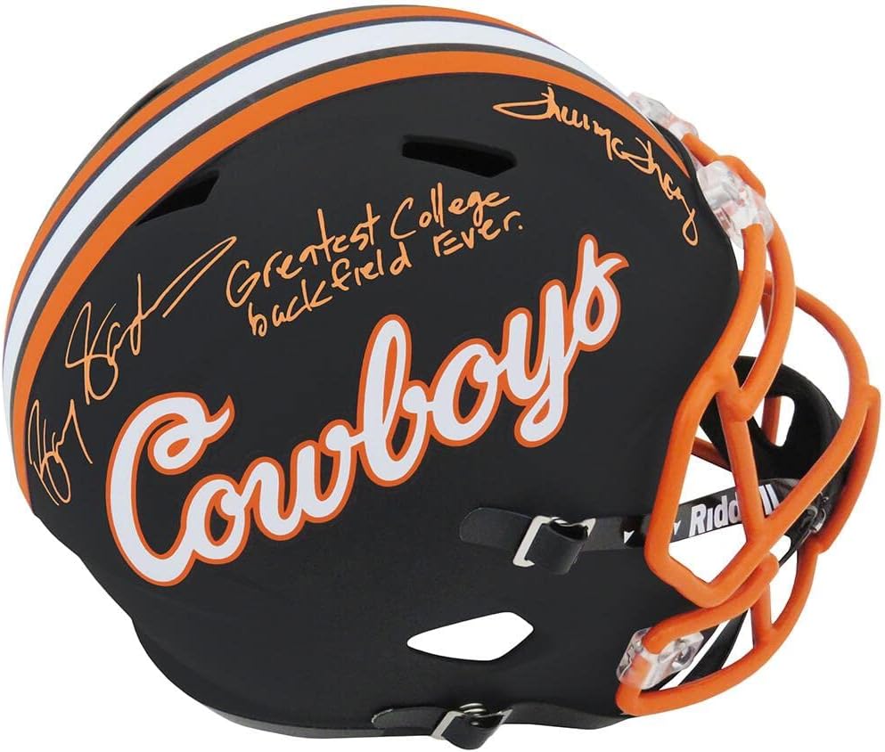 Barry Sanders & Thurman Thomas Signed Oklahoma State Riddell F/S Replica Helmet w/Greatest College Back Field Ever - Autographed College Helmets