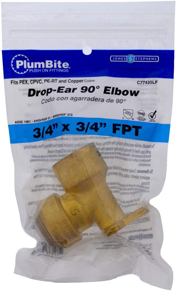 Jones Stephens C77435LF 3/4" FPT PlumBite Push On Drop Ear 90 Elbow, Bag of 1