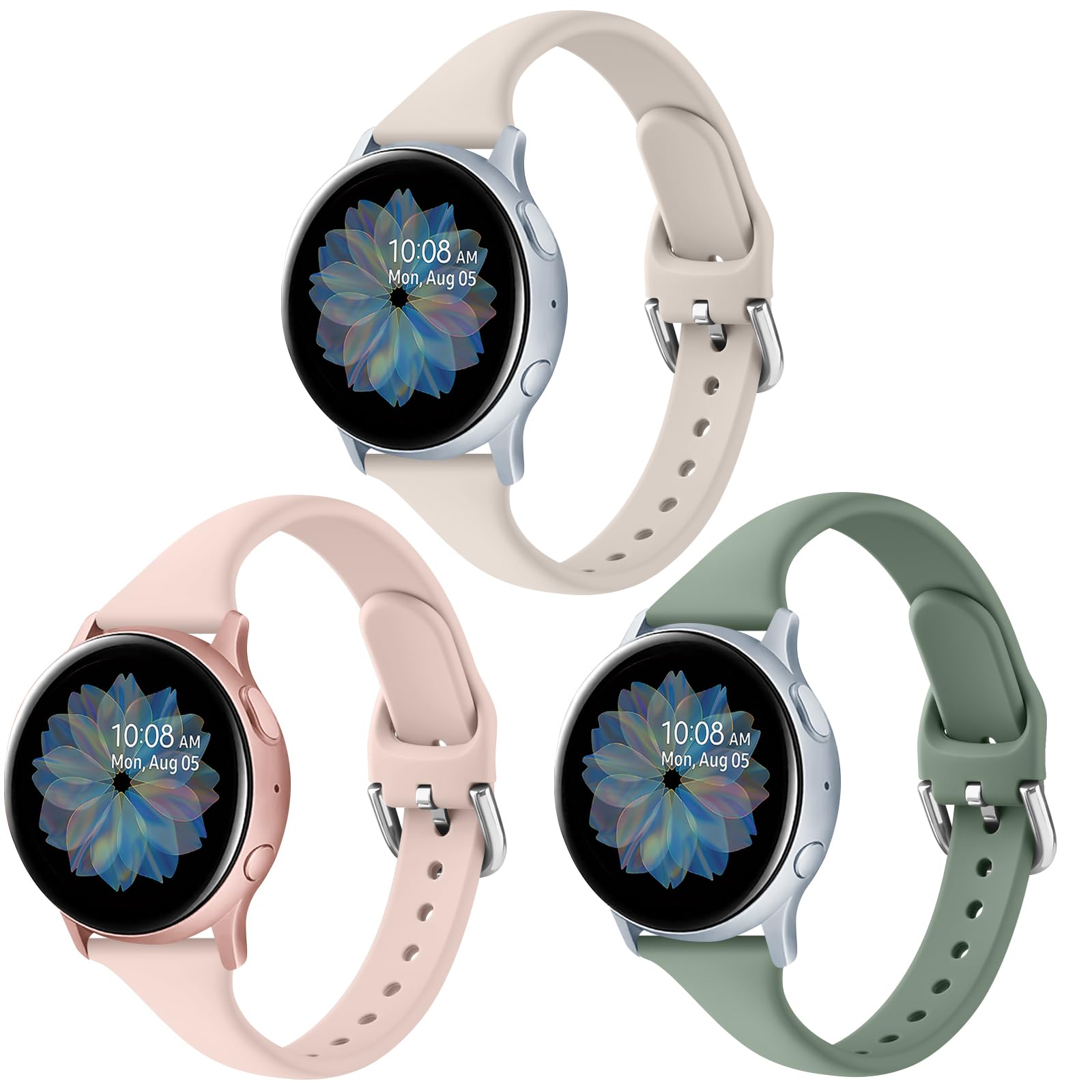 3 Pack Slim Sport Bands for Samsung Galaxy Watch Active 2 / Samsung Galaxy Active Watch 40mm 44mm, Soft Liquid Silicone Waterproof Straps for