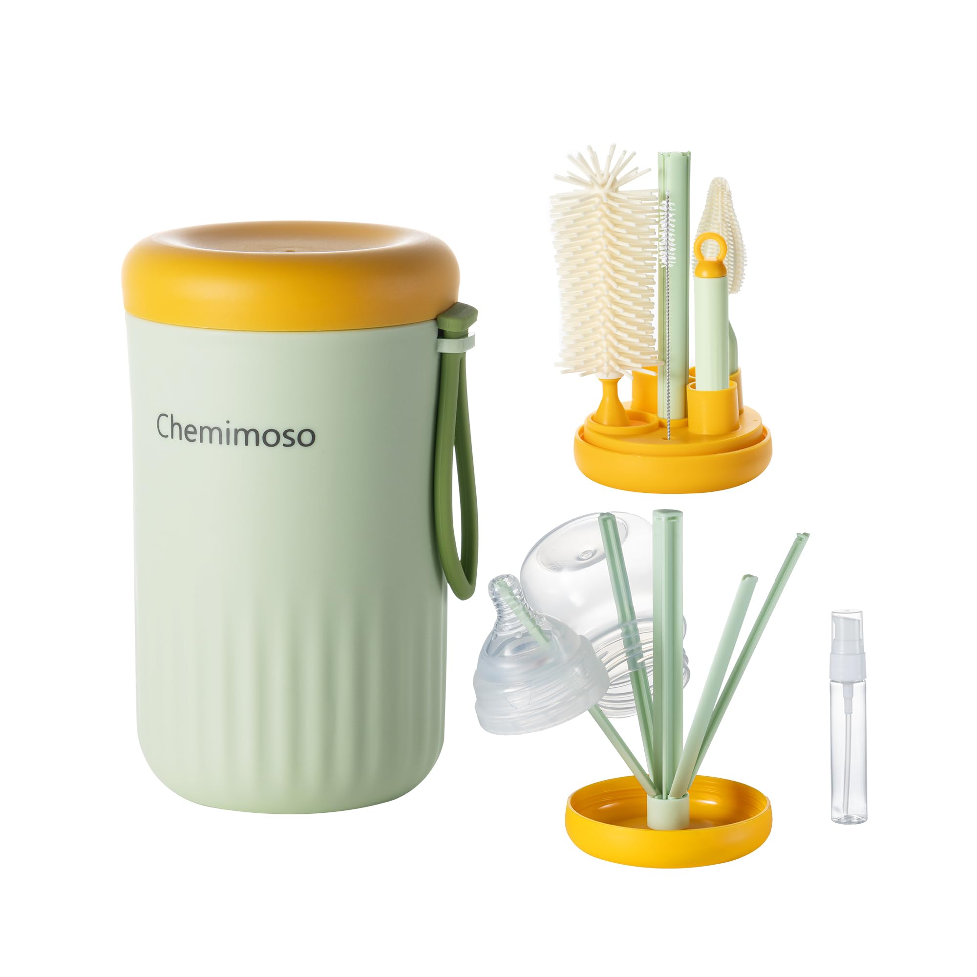 Chemimoso Travel Silicone Baby Bottle Cleaner Brush Set, Foldable Baby Bottle Drying Rack, Essential Cleaning Set for Outdoor Travel, Orange and Green