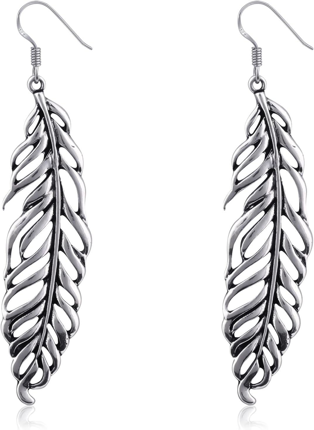 Silver Feather Leaf Drop Dangle Earrings for Women, Handmade Long Earrings Hypoallergenic Plant Earrings for Gift
