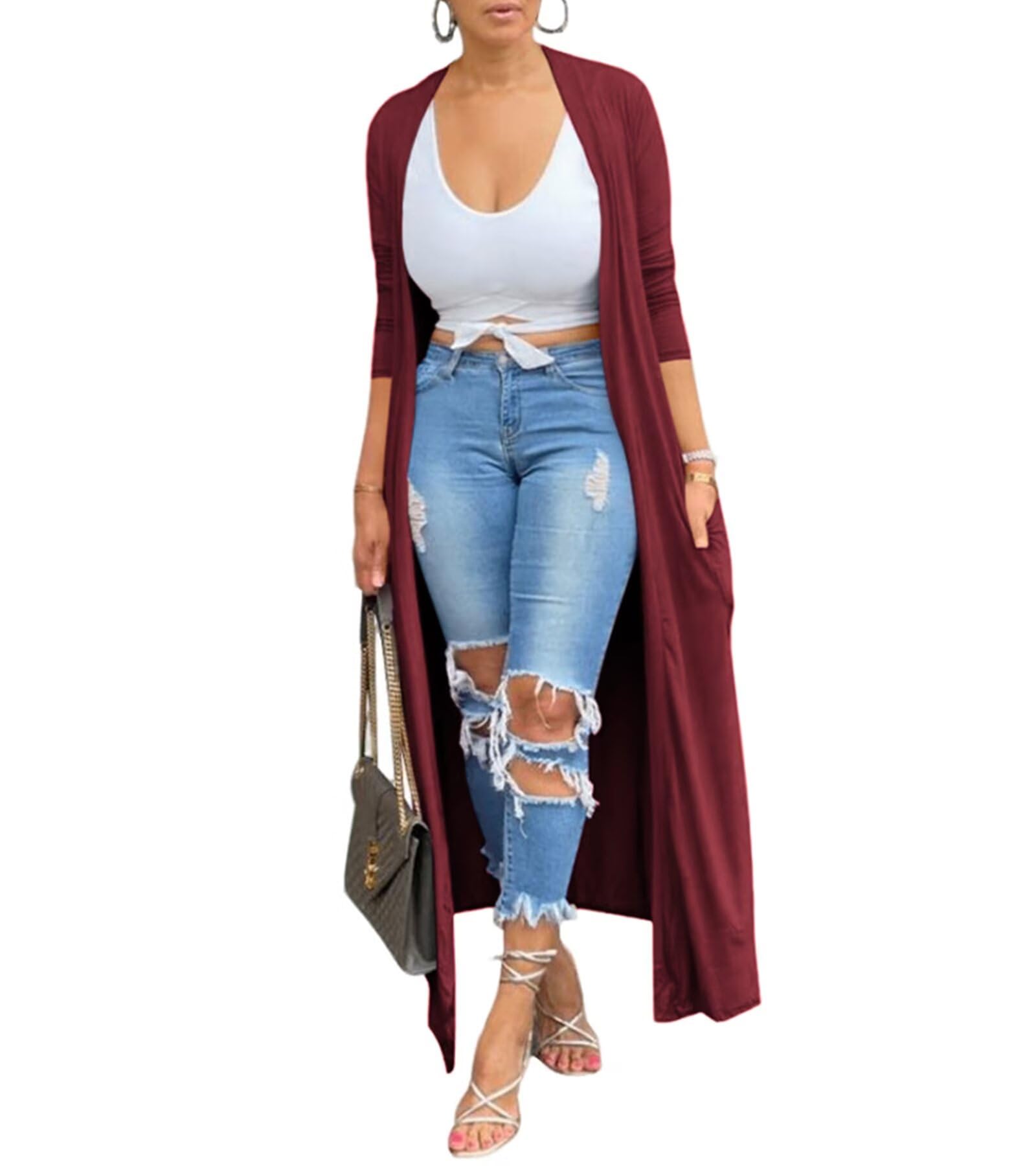 adogirl Women's Long Sleeve Lightweight Soft Cover Ups Outerwear Casual Open Front Maxi Drape Cardigans with Pockets-picture-32