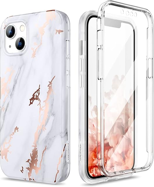 SURITCH Compatible with iPhone 13 Case [Built-in Screen Protector] Natural Marble Full-Body Protection Shockproof Rugged Bumper Protective Cover for iPhone 13 6.1" (Marble Gold)