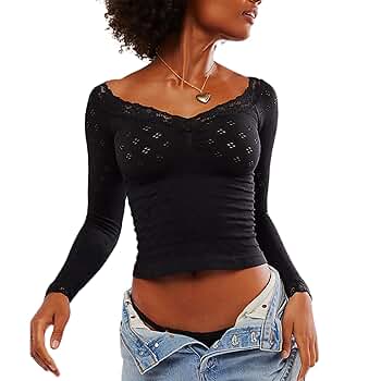 Women Long Sleeve Shirts Lace Hollow Out Y2k Tops Scoop Neck