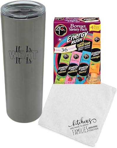 Skinny Tumbler - Paquete de 18 paquetes de bebida energética en polvo, vaso de acero inoxidable delgado con una toalla de microfibra de 12 x 12