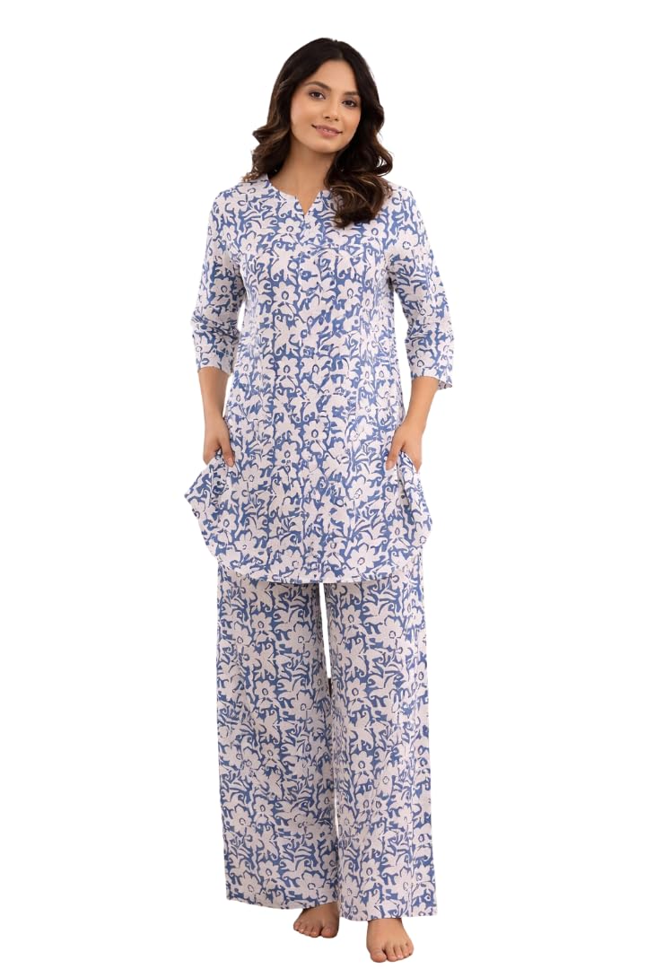 Premium Pastel Blue & White Floral Printed Pure Cotton Nightsuit Set for Women | Curved Hem Tunic Top with Dual Side Pockets, V-Slit Neck, 3/4 Sleeves & Wide-Leg Palazzo Pants | | Pack of 1-picture-19