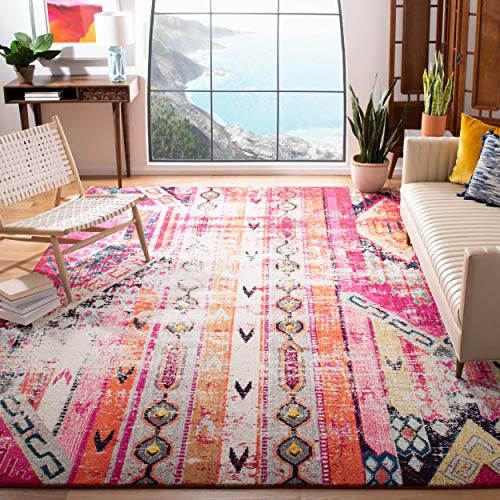 Safavieh Monaco Collection MNC222D Boho Chic Tribal Distressed Area Rug, 5' x 5' Square, Magenta / Multi