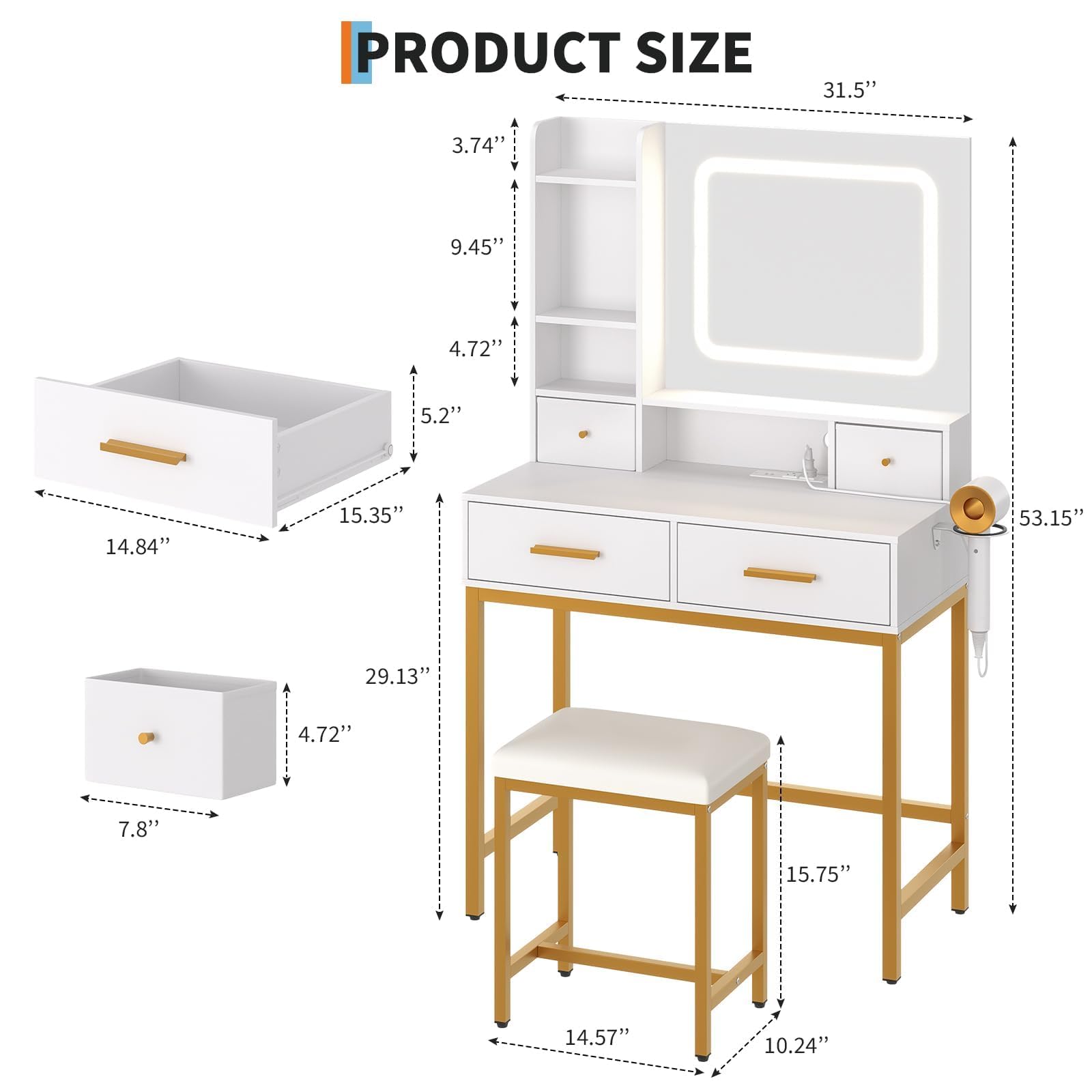 Zstar Schminktisch Mit Spiegel, Frisiertisch/Schminktisch Mit LED-Beleuchtung(3 Lichtfarben), Schubladen, Offene Fächer, Hocker–Moderner Frisierkommode/Schminkkommode Für Schlafzimmer-Weiß1