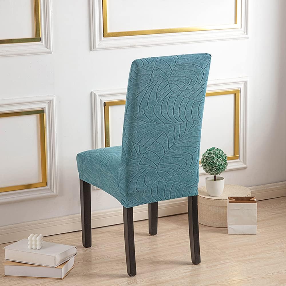 Lukery Dining Room Chair Covers, Stretch Chair Covers Kitchen Chair Covers, Waterproof Removable Chair Covers, Leaf Jacquard Chair Protector for Dining Room, Hotel (Set of 6,Lake Blue)
