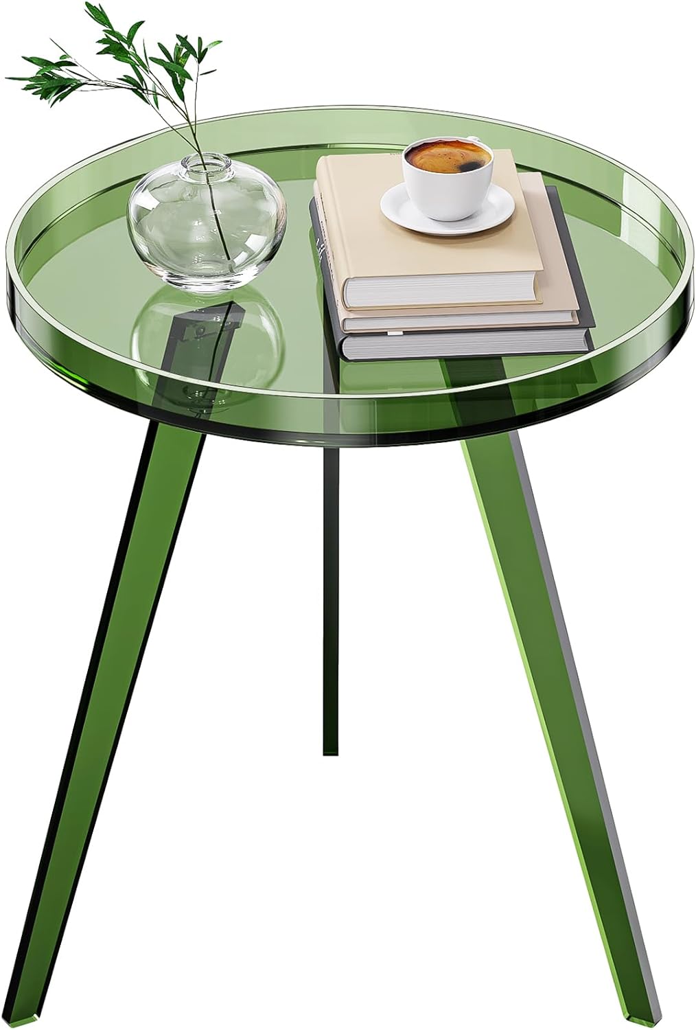 Clear Acrylic Side Table, Round End Table Nightstand Bedside Table Small Circle with Tray for Living Room Bedroom Office Small Space (Green)