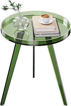 Clear Acrylic Side Table, Round End Table Nightstand Bedside Table Small Circle with Tray for Living Room Bedroom Office Small Space Green