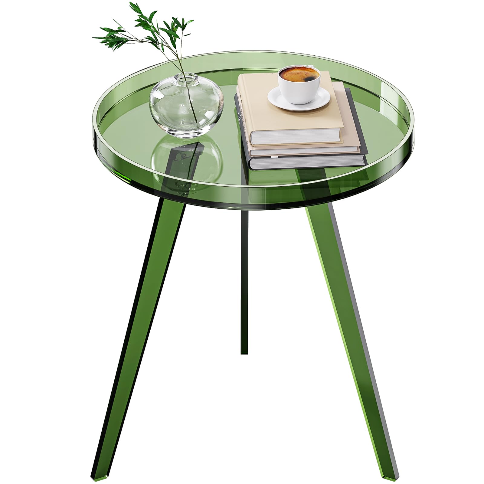 Dewrhiixe Clear Acrylic Side Table, Round End Table Nightstand Bedside Table Small Circle with Tray for Living Room Bedroom Office Small Space (Green)