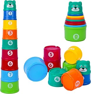 Baldes empilháveis bebé 6-12 meses, cubos empilháveis para bebé, caneca de brinquedo empilhável com números, formas, para 1-2 anos 9 peças