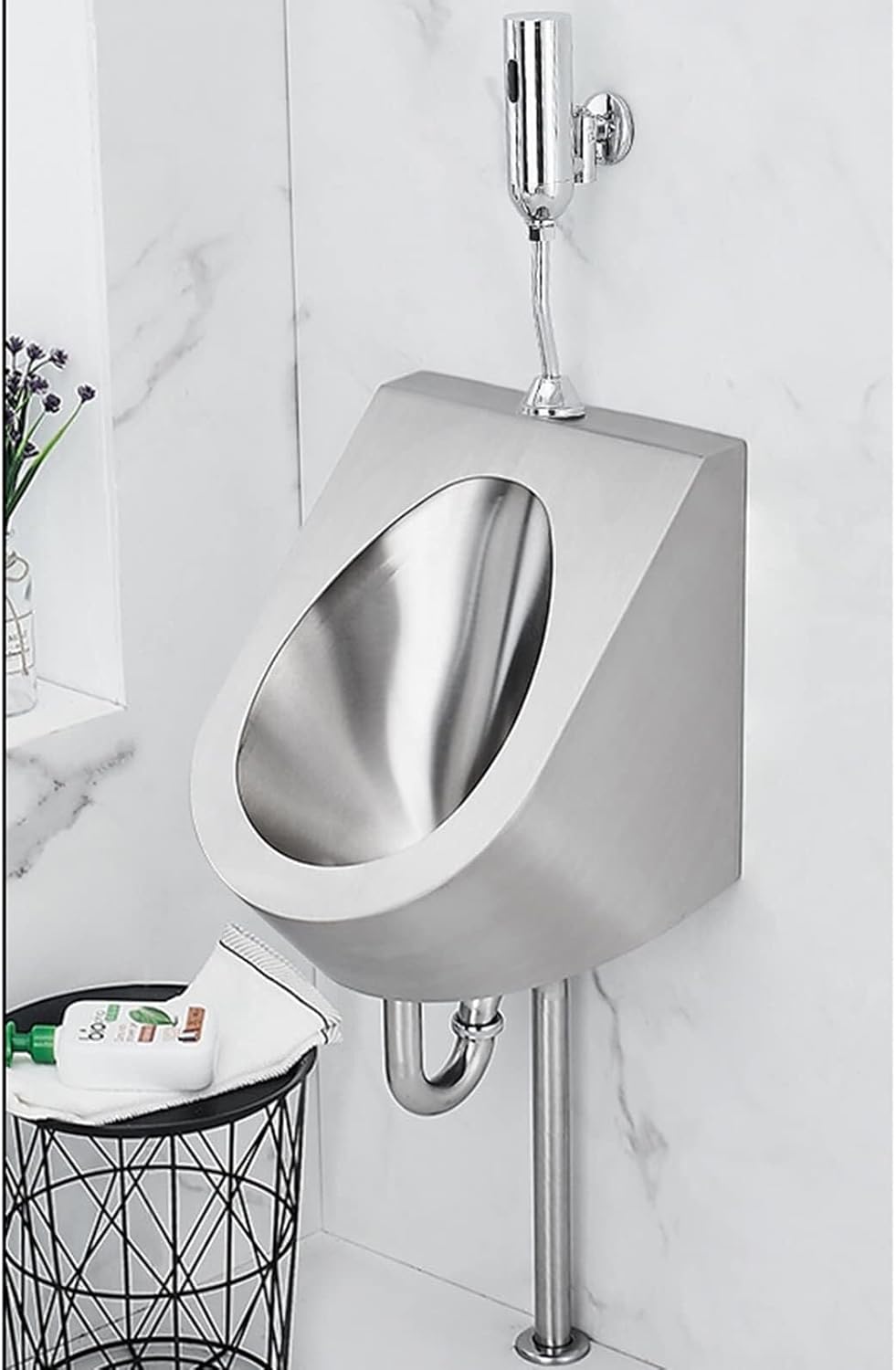 Induction Flushing Urinal, Wall-Mounted 304 Stainless Steel Urinal,Wall Mounted Vertical Urinal Household Men's Urinals, for Families Hotels Schools Public Restrooms