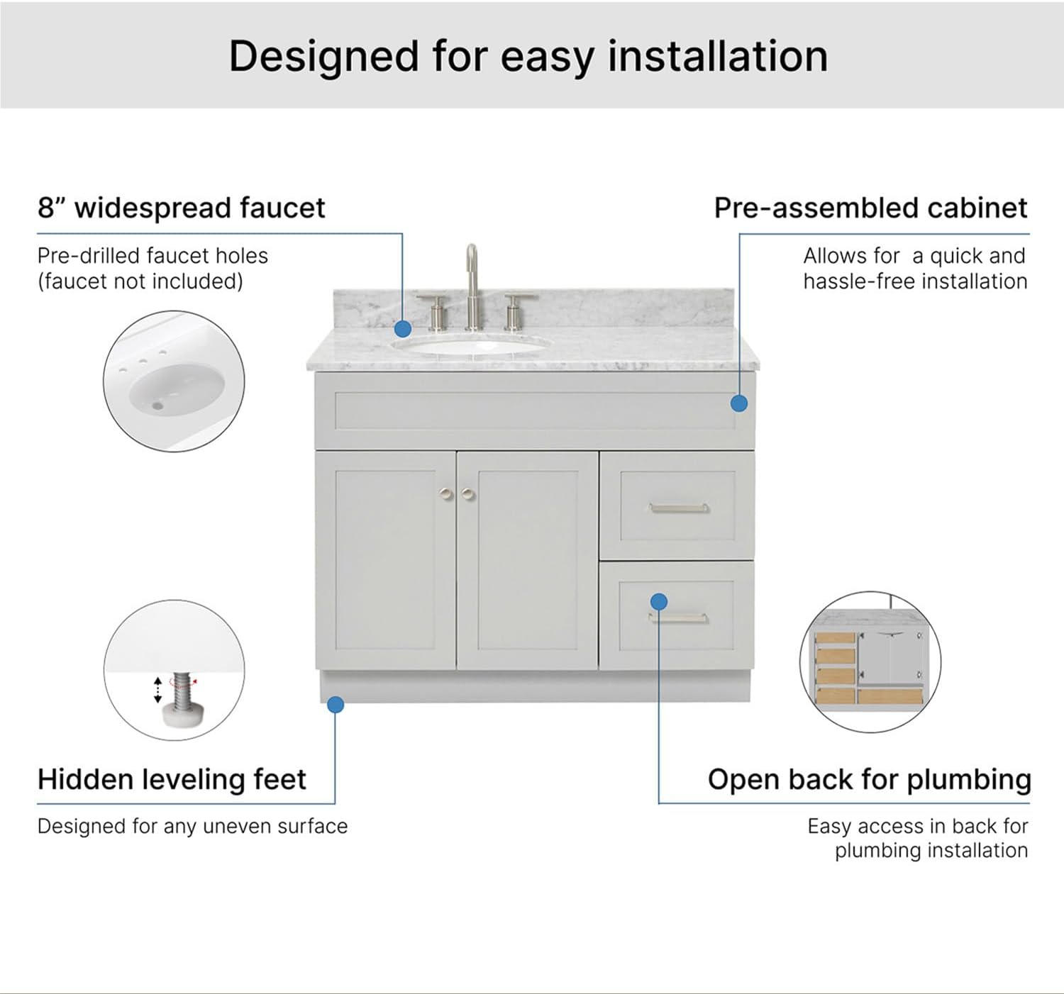 ARIEL Hamlet 42-inch Bathroom Vanity with Sink,Solid Wood, 0.75-inch Italian Carrara Marble Countertop & Backsplash, Single Oval Porcelain Sink, 2 Soft Closing Doors, 2 Dovetail Drawers, Grey