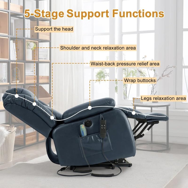 Image of Recliner Sofa 1 Seater Power Lift Recliner Chair with Lay Flat Assist Breathable Leather Dual Motor Lay Flat Power for The Elderly Color Blue